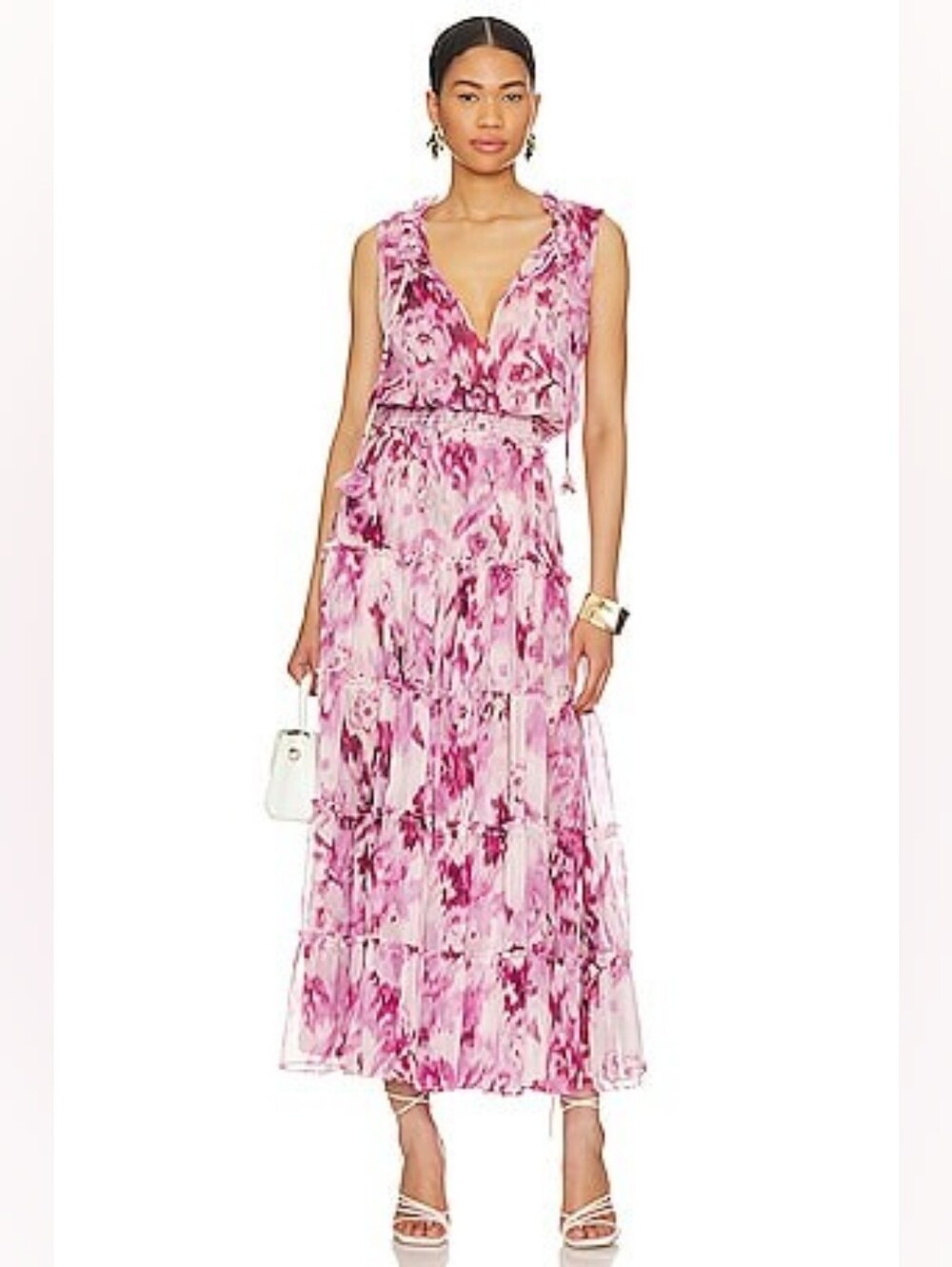 MISA Los Angeles Hollen Maxi Dress in La Vie En Rose Chiffon Tiered Sz Med